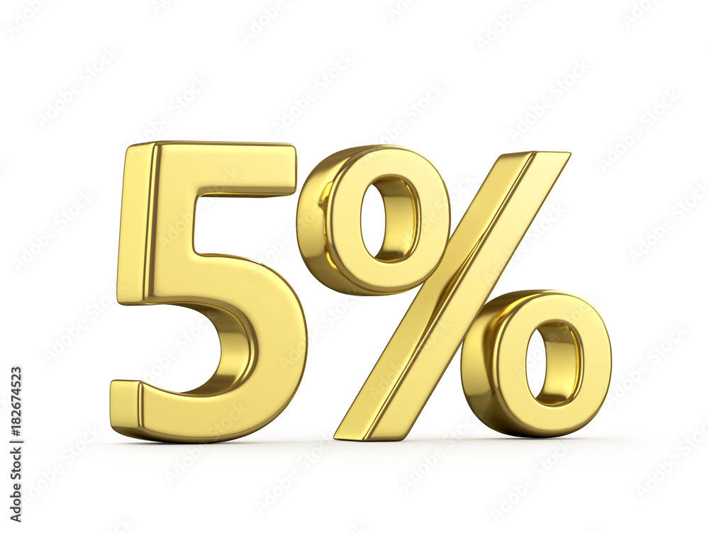 Five gold percent on a white background. 3D illustration