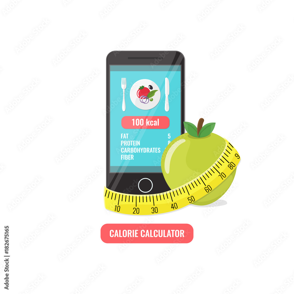 Phone with app of calorie counter, apple and measuring tape. Calorie  calculator concept for icons, banners, web mobile design. ilustración de  Stock | Adobe Stock