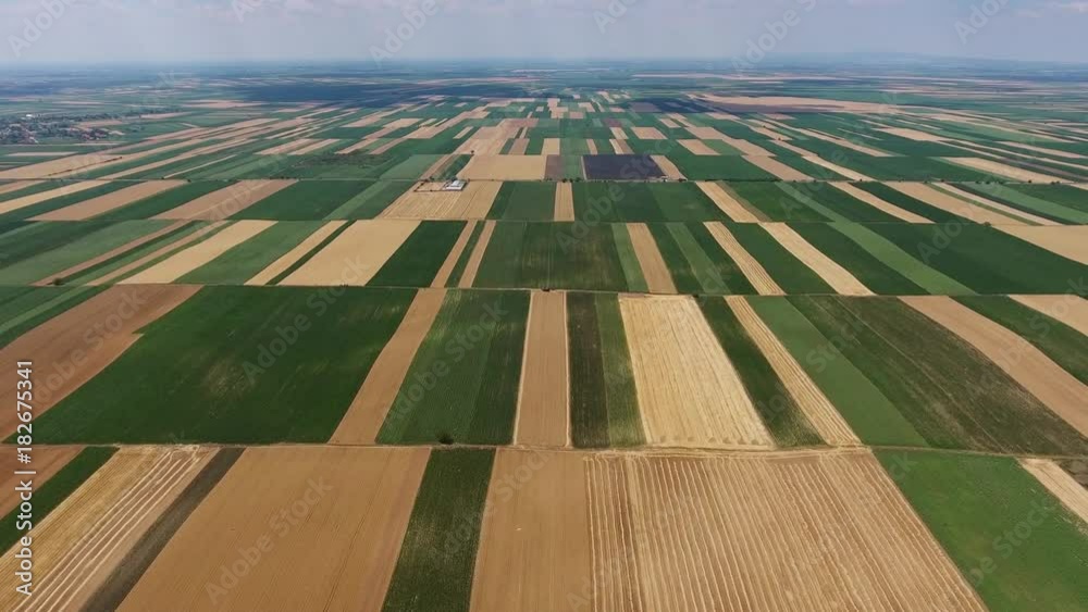 Rural aerial landscape with multicolor agriculture fields in Serbia, 4k
