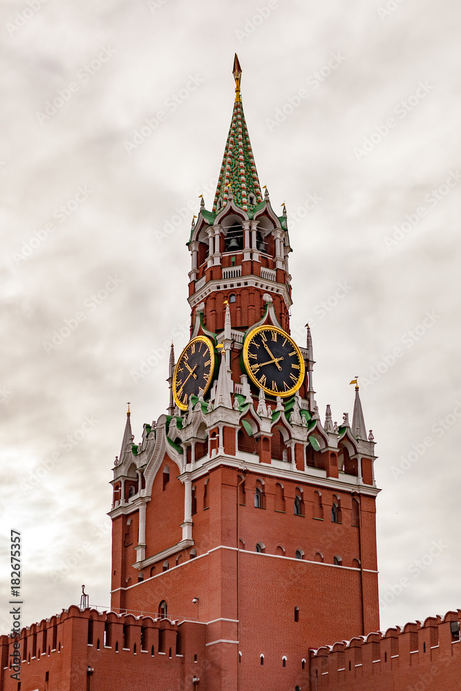 Clock - chimes at the Spassky Tower of the Moscow Kremlin on Red Square. Russia. Clock - chimes at the Spassky Tower of the Moscow Kremlin on Red Square. Russia.