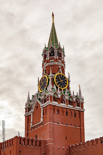 Clock - chimes at the Spassky Tower of the Moscow Kremlin on Red Square. Russia.