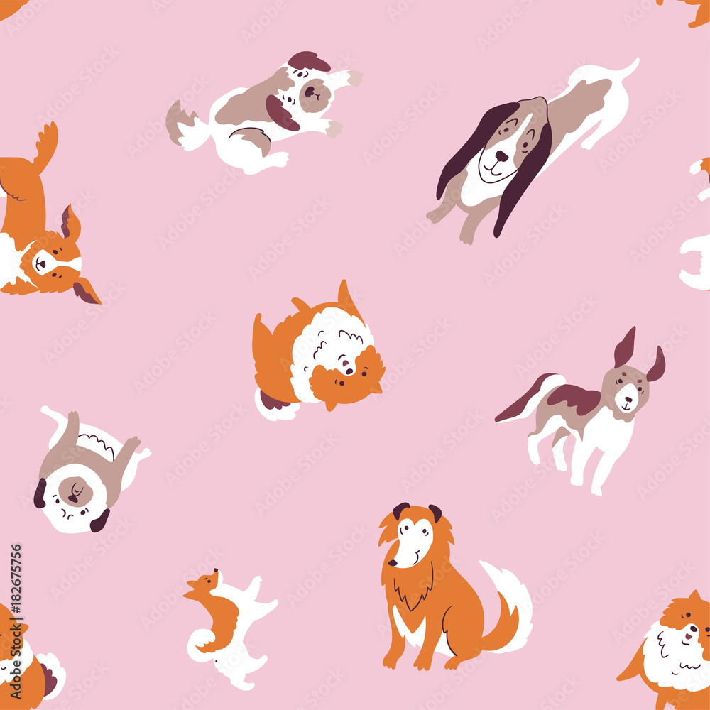 Vector  illustration with cute hand drawn dogs. Seamless pet  pattern. Trendy scandinavian design. 