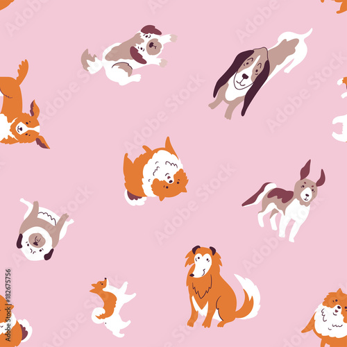 Vector illustration with cute hand drawn dogs. Seamless pet pattern. Trendy scandinavian design. 