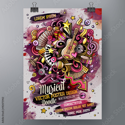 Cartoon hand drawn watercolor doodles Music poster design template.