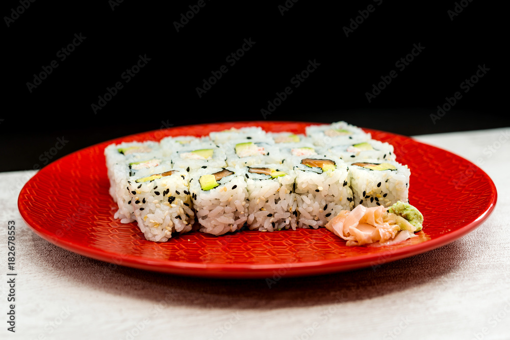 Japanese food Sushi Roll Maki of Salmon and avocado Japanese food Sushi Roll Maki of Salmon and avocado