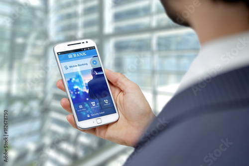 Business Man with smartphone and home banking app on the screen. Bank mobile on a cell phone, application design.