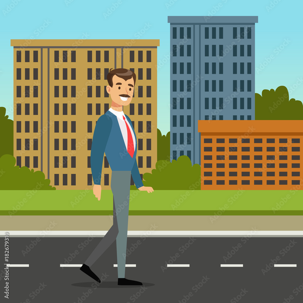 Happy mustached man walking down the street. City architecture background.  Office worker character. Flat style cartoon vector illustration Stock  Vector | Adobe Stock