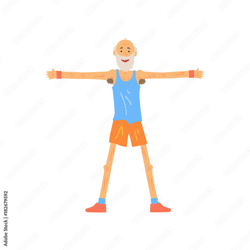Skinny old man stretching before gymnastics training. Bearded elderly male standing with feet shoulder-width apart and doing side arms raising. Healthy lifestyle. Flat vector Skinny old man stretching before gymnastics training. Bearded elderly male standing with feet shoulder-width apart and doing side arms raising. Healthy lifestyle. Flat vector