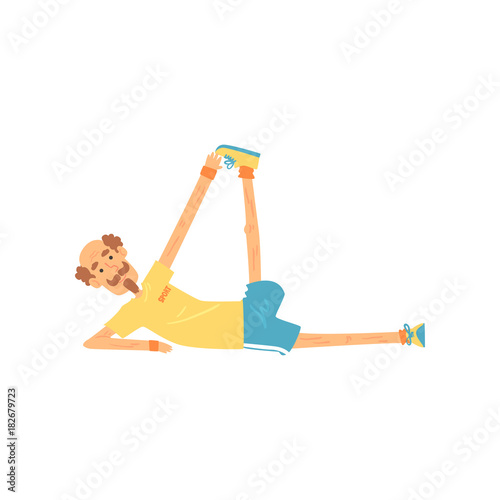 Energetic old man lying on side and doing stretching. Elderly person gymnastics exercise before training. Active male with mustache and beard in sportswear. Flat vector