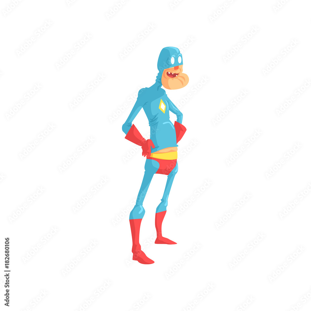 Cheerful grandfather dressed in blue superhero costume with mask, red gloves and pants. Cartoon elderly man standing with arms akimbo. Isolated flat vector