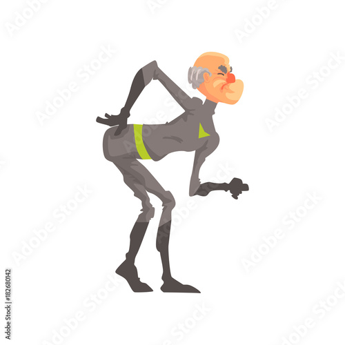 Full length portrait of elderly superhero suffering from back pain. Cartoon grandfather character dressed in classic black hero costume. Isolated flat vector
