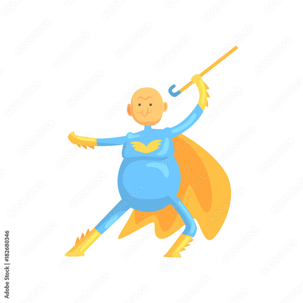 Funny character of grandfather in fighting pose. Elderly man in superhero costume with yellow cloak and walking stick in hand. Isolated flat vector Funny character of grandfather in fighting pose. Elderly man in superhero costume with yellow cloak and walking stick in hand. Isolated flat vector