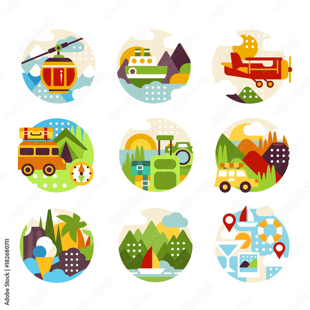Fototapeta premium Flat natural circle logo set with various landscapes, mountains view and different types of vehicle. Entertainment concept