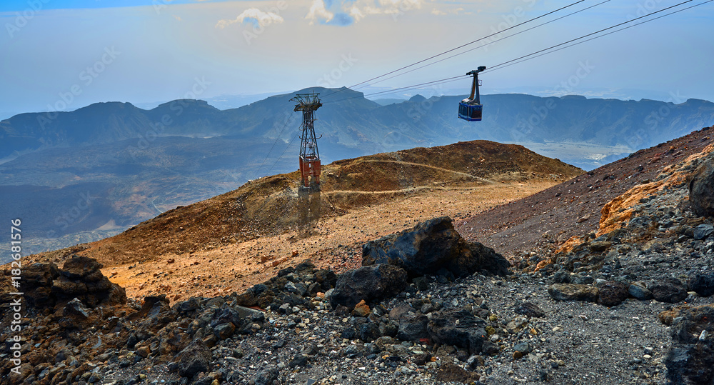 Volcano Teide and lava scenery Teleferico cable-car gondola going up to peak of Teide Volcano, Tenerife