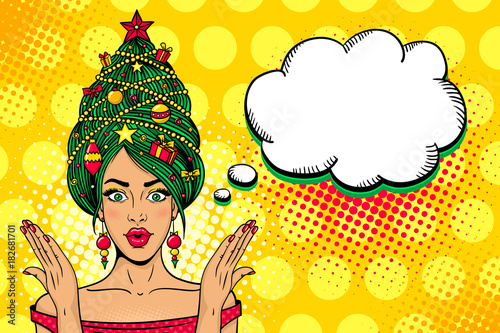 Wow pop art Christmas face. Young sexy surprised woman with open mouth, New Year tree on a head rises her hands . Vector bright illustration in retro comic style. New Year party invitation poster.
