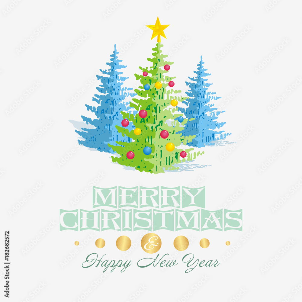 Christmas card template with green and blue christmas tree, decorations and star.
