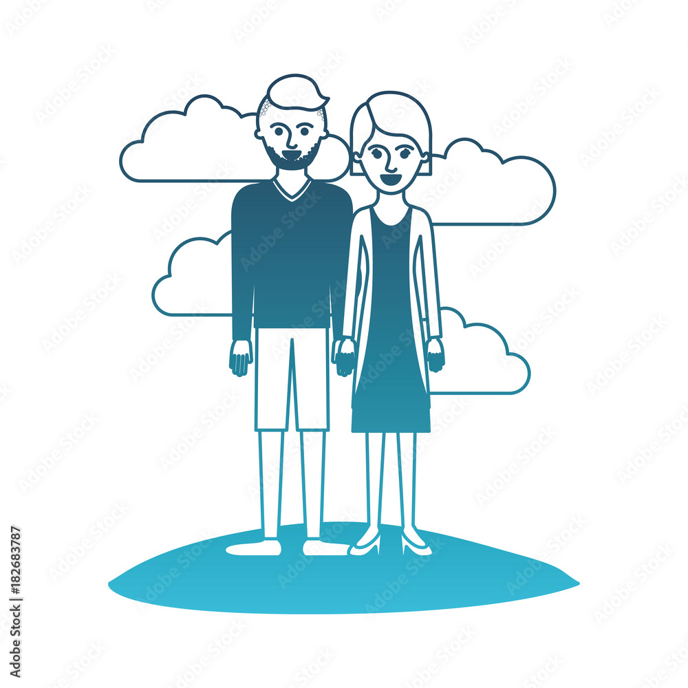 couple in degraded blue silhouette scene outdoor and him with t-shirt long sleeve and short pants and shoes with high fade haircut and stubble beard and her with blouse and jacket and skirt and heel couple in degraded blue silhouette scene outdoor and him with t-shirt long sleeve and short pants and shoes with high fade haircut and stubble beard and her with blouse and jacket and skirt and heel