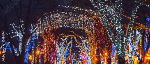 Christmas illumination on downtown street. Banner size