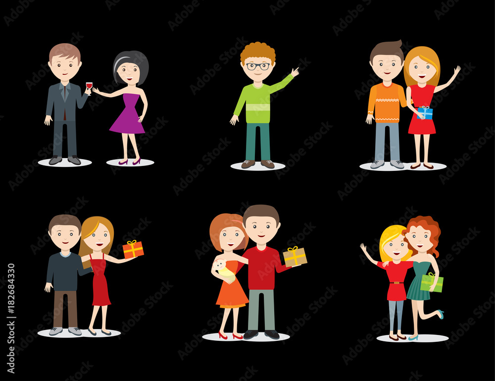 Happy young couple and friends character set, celebrating with gifts Happy young couple and friends character set, celebrating with gifts