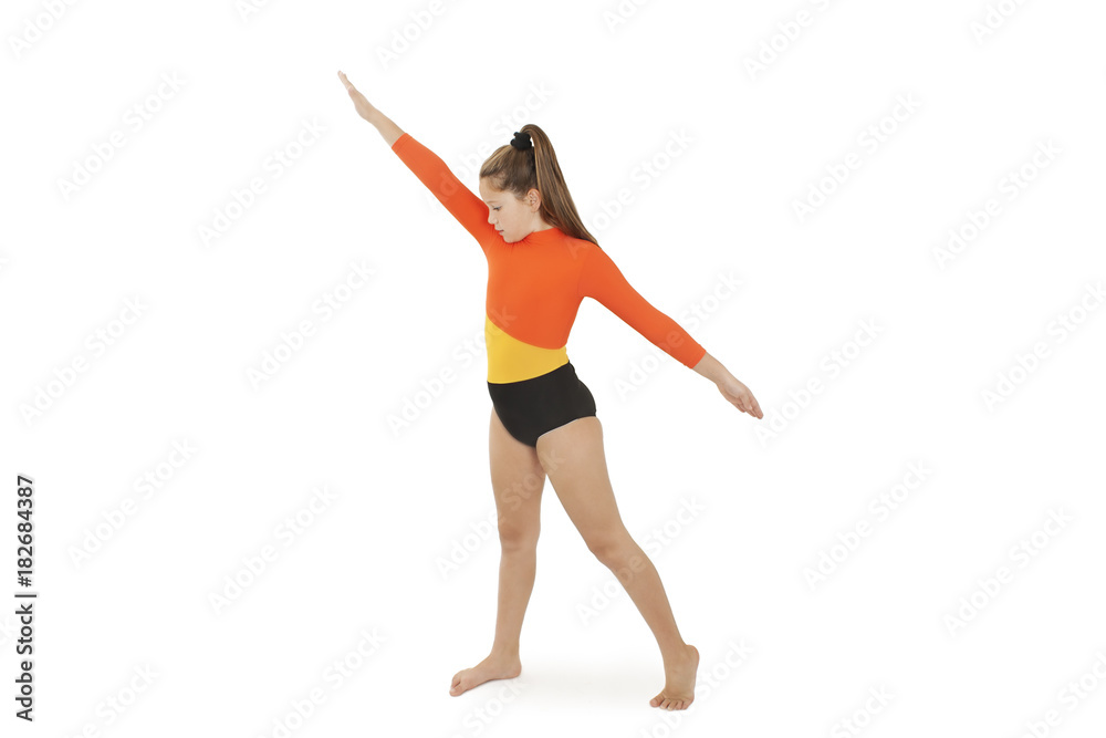 Little gymnast on a white background. Sporting exercise, stretch, flexibility, aerobic Little gymnast on a white background. Sporting exercise, stretch, flexibility, aerobic