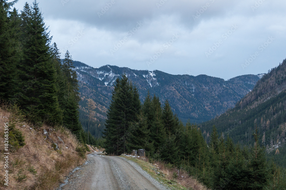 Gravel road winding downhill with mountains in the background