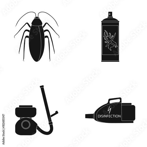 Cockroach and equipment for disinfection black icons in set collection for design. Pest Control Service vector symbol stock web illustration.