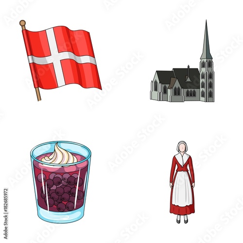 Flag, national, symbol, and other web icon in cartoon style.Denmark,history, tourism, icons in set collection.