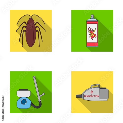 Cockroach and equipment for disinfection flat icons in set collection for design. Pest Control Service vector symbol stock web illustration.