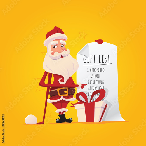 Happy Santa Claus with a gift list.
Vector illustration on a yellow background. Christmas set with Santa Claus.