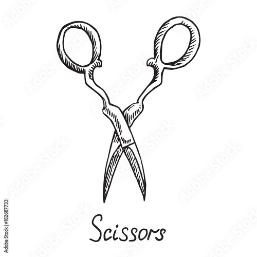 Old fashioned scissors, hand drawn doodle sketch with inscription, isolated vector illustration