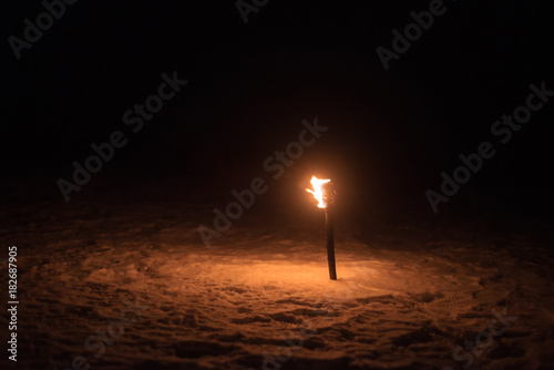 burning torch lights up the winter night fire alone dark lonely background nature mystical wallpaper photo