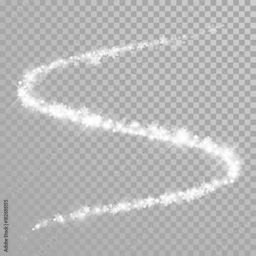 Christmas sparkling snowflakes in glitter trail with shimmer light effect on white transparent background. Vector winter holiday sparkles swirl tail of glittering magic glowing particles for New Year