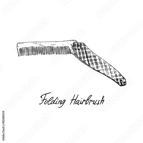 Folding hairbrush, hand drawn doodle sketch with inscription, isolated vector illustration