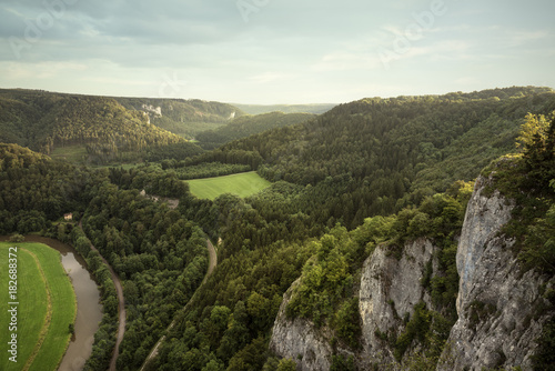 view of the Danube river, rock and forest landscape in the Upper Danube Nature Park, Sigmaringen, Tuttlingen, Zollernalb, Biberach, Swabian Alb, Baden-Wuerttemberg, Germany