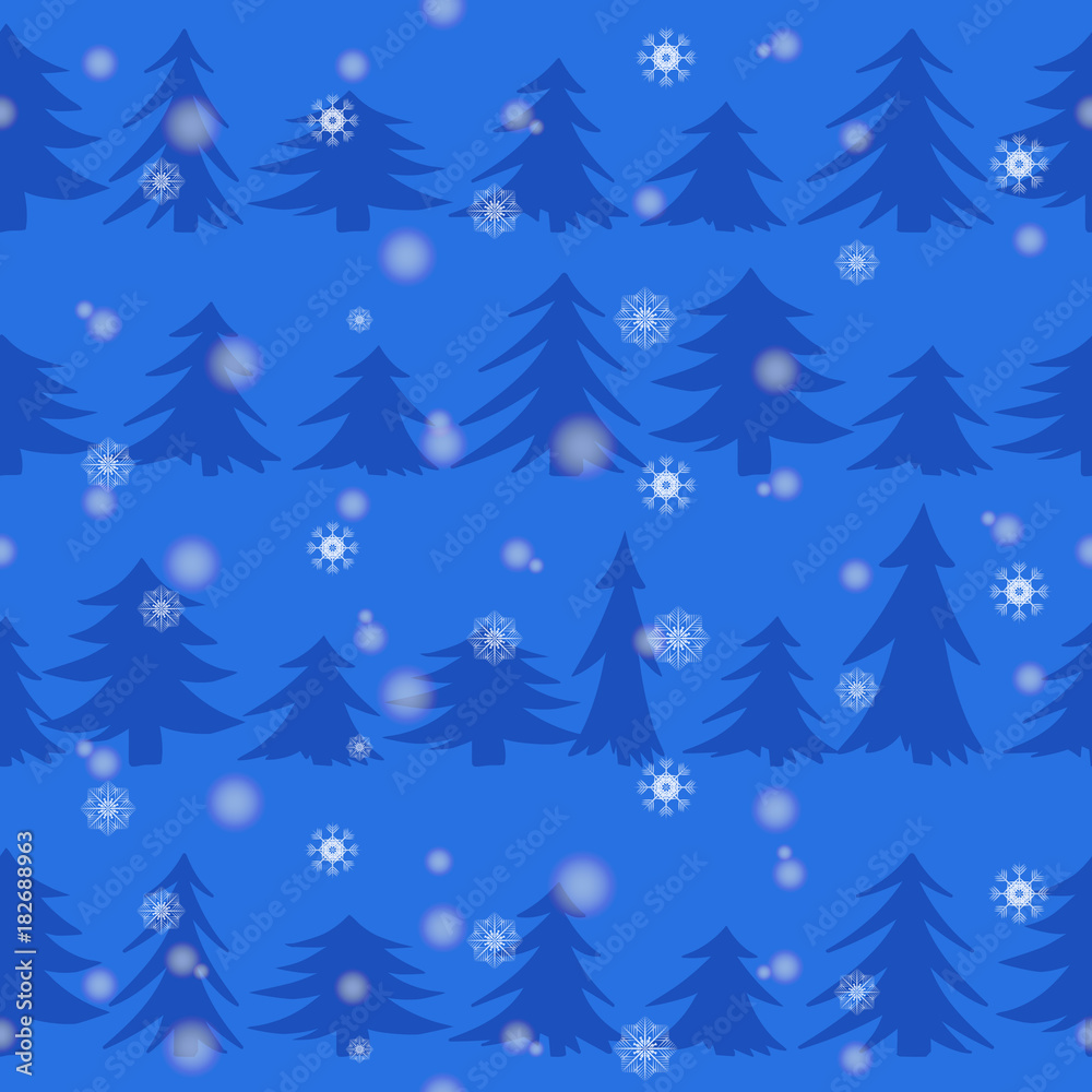 Dark blue silhouettes of pines on a blue background with white snowflakes. Seamless vector pattern of winter fir forest at night. Snow in a coniferous forest. Dark spruce forest.