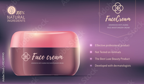 Realistic vector illustration of beautiful glowing face cream jar with pink lid and text. 3d design of moisturizing anti-aging cosmetic product ad with cream advantages.