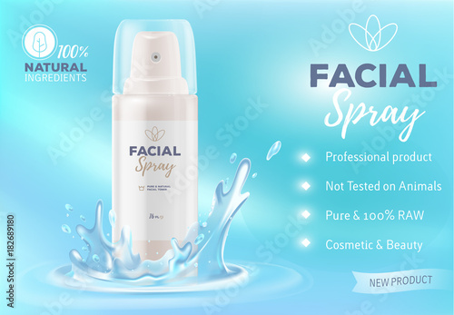 Realistic vector illustration of beautiful white facial spray bottle with water splash.