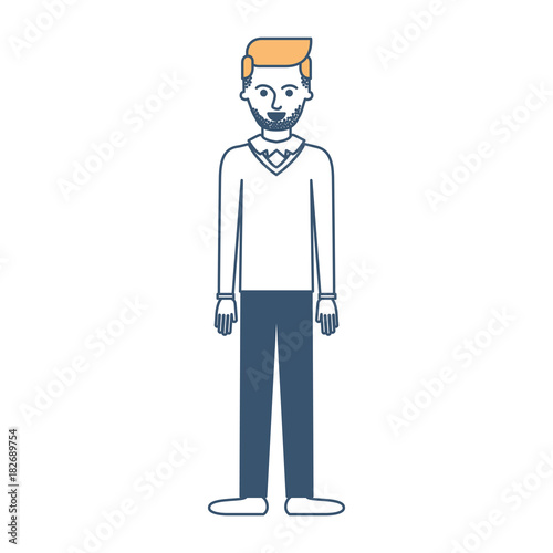 man full body with stubble beard and sweater and pants and shoes with side parted hairstyle in color sections silhouette vector illustration