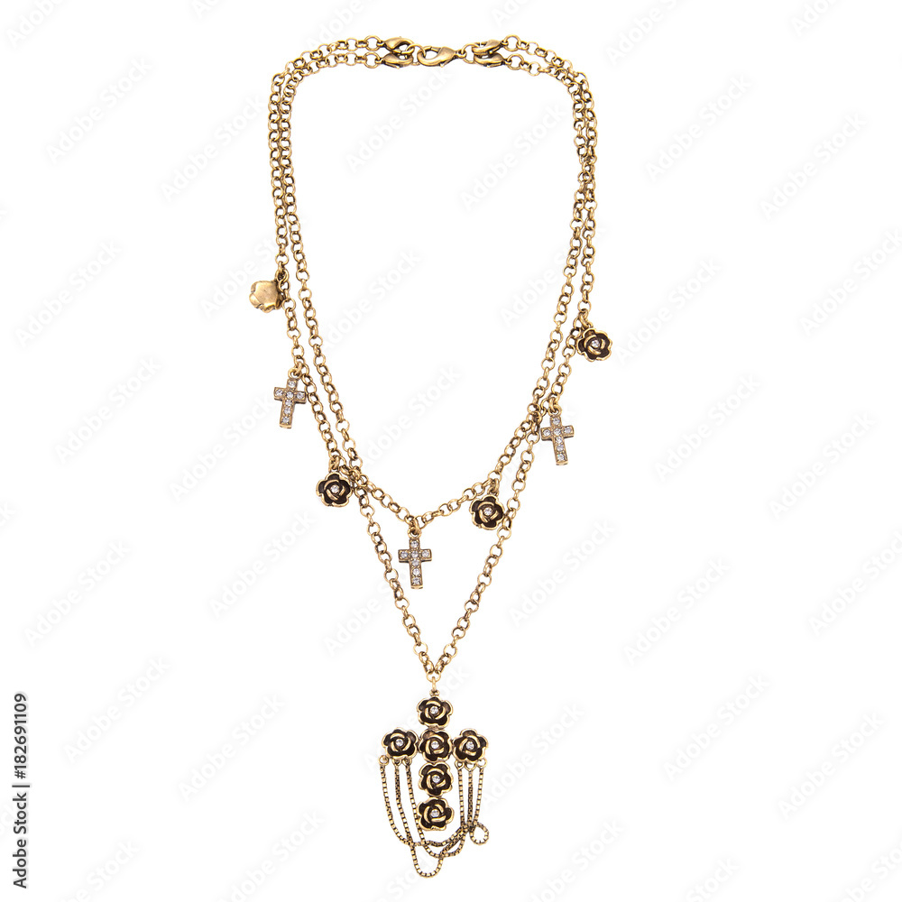golden chain necklace with crucifix pendent on the white background golden chain necklace with crucifix pendent on the white background