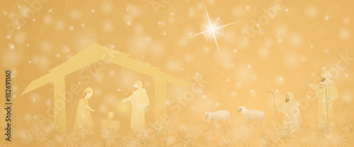 Christmas time. Nativity scene with Mary, Joseph, baby Jesus and the shepherds in Christmas landscape.