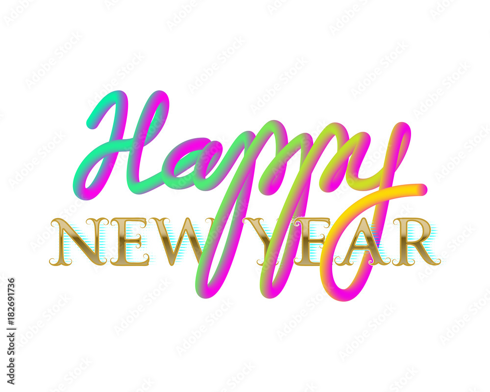 Happy New Year golden and fluid colors lettering for greeting card design on white background.