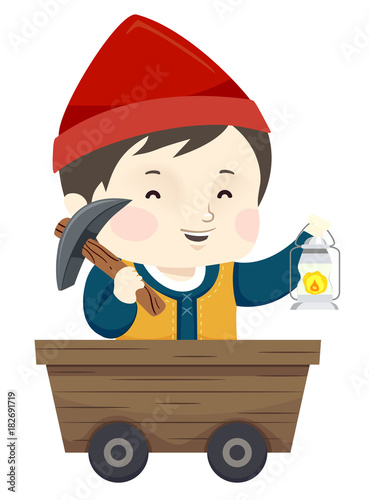 Kid Boy Dwarf Mining Cart Illustration