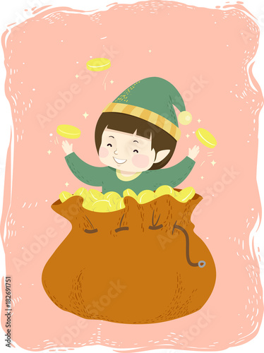 Kid Boy Elf Gold Bag Illust...