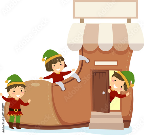 Stickman Kids Elf Shoe Shop Illustration