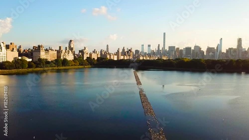 New York cityscape aerial view from the Central park reservoir aerial