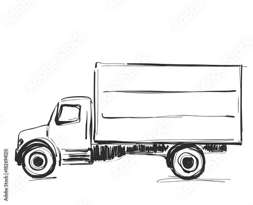 Minibus for cargo transportation. Hand drawn sketch illustration isolated on white background. Truck