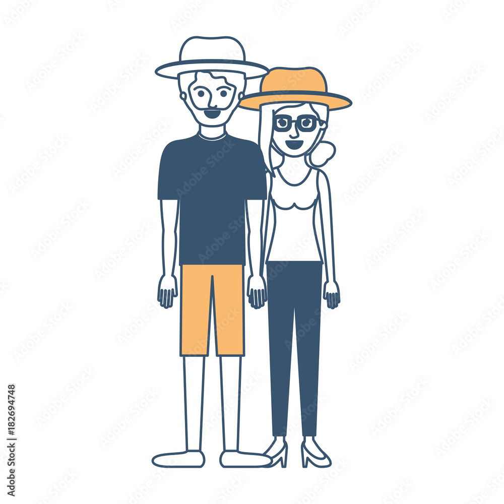 couple in color sections silhouette and both with hat and him with beard with t-shirt and short pants and shoes and her with glasses t-shirt sleeveless and pants and heel shoes with collected hair and couple in color sections silhouette and both with hat and him with beard with t-shirt and short pants and shoes and her with glasses t-shirt sleeveless and pants and heel shoes with collected hair and