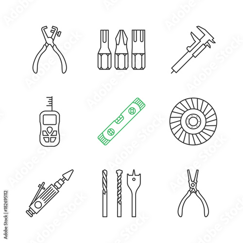 Construction tools linear icons set