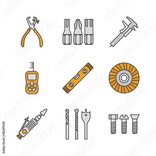 Construction tools color icons set
