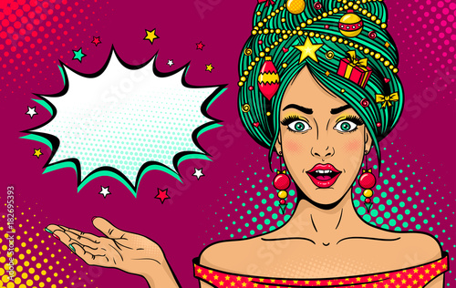 Wow pop art New Year face. Young sexy surprised woman with open mouth, Christmas tree on head rises her hand. Vector bright illustration in retro comic style. Merry Christmas party invitation poster.
